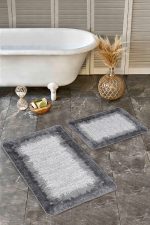 - Realhomes - Realhomes 2'li Set Siyah - Gri Zeminde Çerçeveli Motifli Eskitme Desenli Eskitme Motifli Vintage 2'li Banyo & Mutfak Paspas Takımı Realhomes