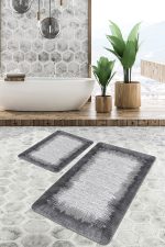 - PaspasTakimi-2li-Set879-Gorsel-4 - Realhomes 2'li Set Siyah - Gri Zeminde Çerçeveli Motifli Eskitme Desenli Eskitme Motifli Vintage 2'li Banyo & Mutfak Paspas Takımı Realhomes