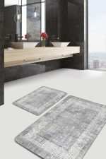 - PaspasTakimi-2li-Set881-Gorsel - Realhomes  2'li Set Gri Zeminde Çerçeveli Motifli Antik Desenli Geometrik Eskitme Motifli  2'li Banyo & Mutfak Paspas Takımı Realhomes