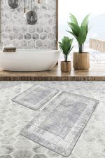 - PaspasTakimi-2li-Set881-Gorsel-4 - Realhomes  2'li Set Gri Zeminde Çerçeveli Motifli Antik Desenli Geometrik Eskitme Motifli  2'li Banyo & Mutfak Paspas Takımı Realhomes