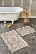 - Realhomes - Realhomes 2'li Set Kahverengi Zeminde Çerçeveli Motifli Mermer Desenli Vintage Sade & Şık 2'li Banyo & Mutfak Paspas Takımı Realhomes