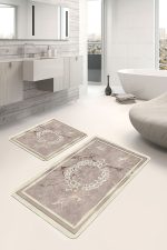 - PaspasTakimi-2li-Set882-Gorsel-2 - Realhomes 2'li Set Kahverengi Zeminde Çerçeveli Motifli Mermer Desenli Vintage Sade & Şık 2'li Banyo & Mutfak Paspas Takımı Realhomes