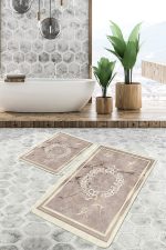 - PaspasTakimi-2li-Set882-Gorsel-4 - Realhomes 2'li Set Kahverengi Zeminde Çerçeveli Motifli Mermer Desenli Vintage Sade & Şık 2'li Banyo & Mutfak Paspas Takımı Realhomes