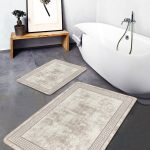 2'li Set Gold - Mavi Zeminde Altın Motifli Boyama Desenli Bohem Modern  2'li Banyo & Mutfak Paspas Takımı Realhomes