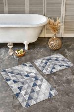 - Realhomes - Realhomes  2'li Set Mavi - Gri Zeminde Geometrik Motifli Antik Desenli Geometrik Eskitme Motifli  2'li Banyo & Mutfak Paspas Takımı Realhomes