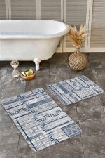- Realhomes - Realhomes  2'li Set Mavi - Gri Zeminde Geometrik Motifli Eskitme Desenli Geometrik Eskitme Motifli  2'li Banyo & Mutfak Paspas Takımı Realhomes