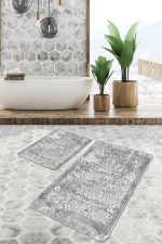 2'li Set Gri Zeminde Eskitme Motifli Retro Desenli Eskitme Motifli Vintage  2'li Banyo & Mutfak Paspas Takımı Realhomes