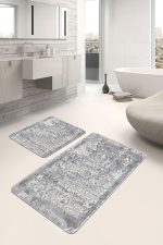2'li Set Gri Zeminde Eskitme Motifli Retro Desenli Eskitme Motifli Vintage  2'li Banyo & Mutfak Paspas Takımı Realhomes