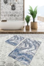 2'li Set Mavi Zeminde Eskitme Motifli Antik Desenli Eskitme Motifli Vintage  2'li Banyo & Mutfak Paspas Takımı Realhomes