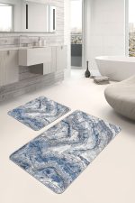 2'li Set Mavi Zeminde Eskitme Motifli Antik Desenli Eskitme Motifli Vintage  2'li Banyo & Mutfak Paspas Takımı Realhomes