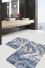 2'li Set Mavi Zeminde Eskitme Motifli Antik Desenli Eskitme Motifli Vintage  2'li Banyo & Mutfak Paspas Takımı Realhomes