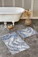 2'li Set Mavi Zeminde Eskitme Motifli Antik Desenli Eskitme Motifli Vintage  2'li Banyo & Mutfak Paspas Takımı Realhomes