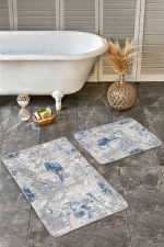 - Realhomes - Realhomes  2'li Set Mavi Zeminde Eskitme Motifli Retro Desenli Eskitme Motifli Modern  2'li Banyo & Mutfak Paspas Takımı Realhomes
