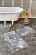 - Realhomes - Realhomes  2'li Set Mavi - Beyaz Zeminde Retro Motifli Antik Desenli Eskitme Motifli Modern  2'li Banyo & Mutfak Paspas Takımı Realhomes