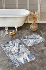 - Realhomes - Realhomes 2'li Set Mavi Zeminde Eskitme Motifli Duvar Desenli Modern Eskitme Motifli 2'li Banyo & Mutfak Paspas Takımı Realhomes