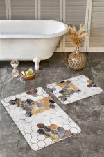 - Realhomes - Realhomes 2'li Set Kahverengi - Gri Zeminde Altıgen Motifli Post Desenli Geometrik Sade & Şık 2'li Banyo & Mutfak Paspas Takımı Realhomes