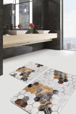 - PaspasTakimi-2li-Set892-Gorsel - Realhomes 2'li Set Kahverengi - Gri Zeminde Altıgen Motifli Post Desenli Geometrik Sade & Şık 2'li Banyo & Mutfak Paspas Takımı Realhomes