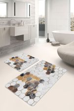 - PaspasTakimi-2li-Set892-Gorsel-2 - Realhomes 2'li Set Kahverengi - Gri Zeminde Altıgen Motifli Post Desenli Geometrik Sade & Şık 2'li Banyo & Mutfak Paspas Takımı Realhomes