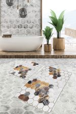 - PaspasTakimi-2li-Set892-Gorsel-4 - Realhomes 2'li Set Kahverengi - Gri Zeminde Altıgen Motifli Post Desenli Geometrik Sade & Şık 2'li Banyo & Mutfak Paspas Takımı Realhomes