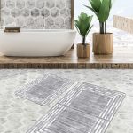 2'li Set Gri Zeminde Çerçeveli Motifli Eskitme Desenli Klasik Geometrik  2'li Banyo & Mutfak Paspas Takımı Realhomes