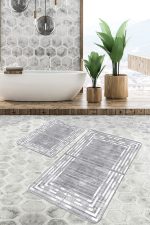 2'li Set Gri - Beyaz Zeminde Çerçeveli Motifli Antik Desenli Geometrik Eskitme Motifli  2'li Banyo & Mutfak Paspas Takımı Realhomes
