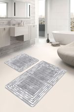 - PaspasTakimi-2li-Set893-Gorsel-5 - Realhomes  2'li Set Gri - Beyaz Zeminde Çerçeveli Motifli Antik Desenli Geometrik Eskitme Motifli  2'li Banyo & Mutfak Paspas Takımı Realhomes