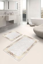 2'li Set Gold Zeminde Çerçeveli Motifli Eskitme Desenli Sade & Şık Geometrik  2'li Banyo & Mutfak Paspas Takımı Realhomes