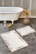 2'li Set Gold Zeminde Çerçeveli Motifli Eskitme Desenli Sade & Şık Geometrik  2'li Banyo & Mutfak Paspas Takımı Realhomes