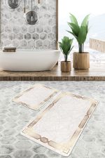 2'li Set Gold Zeminde Çerçeveli Motifli Eskitme Desenli Sade & Şık Geometrik  2'li Banyo & Mutfak Paspas Takımı Realhomes