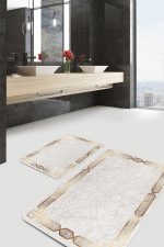 2'li Set Gold Zeminde Çerçeveli Motifli Eskitme Desenli Sade & Şık Geometrik  2'li Banyo & Mutfak Paspas Takımı Realhomes