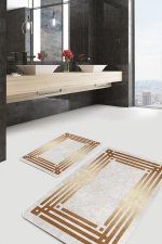 2'li Set Gold Zeminde Gold Motifli Klasik Desenli Geometrik Sade & Şık  2'li Banyo & Mutfak Paspas Takımı Realhomes