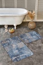 2'li Set Krem - Mavi Zeminde Eskitme Motifli Retro Desenli Eskitme Motifli Modern  2'li Banyo & Mutfak Paspas Takımı Realhomes