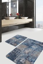 2'li Set Krem - Mavi Zeminde Eskitme Motifli Retro Desenli Eskitme Motifli Modern  2'li Banyo & Mutfak Paspas Takımı Realhomes
