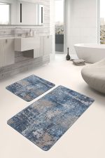 2'li Set Krem - Mavi Zeminde Eskitme Motifli Retro Desenli Eskitme Motifli Modern  2'li Banyo & Mutfak Paspas Takımı Realhomes