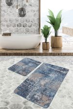 2'li Set Krem - Mavi Zeminde Eskitme Motifli Retro Desenli Eskitme Motifli Modern  2'li Banyo & Mutfak Paspas Takımı Realhomes