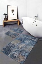 2'li Set Krem - Mavi Zeminde Eskitme Motifli Retro Desenli Eskitme Motifli Modern  2'li Banyo & Mutfak Paspas Takımı Realhomes