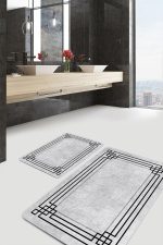 - PaspasTakimi-2li-Set897-Gorsel-1 - Realhomes 2'li Set Gri - Siyah Zeminde Çerçeveli Motifli Klasik Desenli Geometrik Sade & Şık 2'li Banyo & Mutfak Paspas Takımı Realhomes