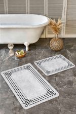 - Realhomes - Realhomes 2'li Set Gri - Siyah Zeminde Çerçeveli Motifli Klasik Desenli Geometrik Sade & Şık 2'li Banyo & Mutfak Paspas Takımı Realhomes