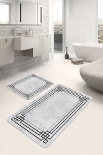 - PaspasTakimi-2li-Set897-Gorsel-4 - Realhomes 2'li Set Gri - Siyah Zeminde Çerçeveli Motifli Klasik Desenli Geometrik Sade & Şık 2'li Banyo & Mutfak Paspas Takımı Realhomes