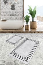 - PaspasTakimi-2li-Set897-Gorsel-5 - Realhomes 2'li Set Gri - Siyah Zeminde Çerçeveli Motifli Klasik Desenli Geometrik Sade & Şık 2'li Banyo & Mutfak Paspas Takımı Realhomes