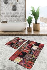 - PaspasTakimi-2li-Set898-Gorsel-1 - Realhomes 2'li Set Siyah - Kırmızı Zeminde Patchwork Motifli Etnik Desenli Vintage Etnik Motifler 2'li Banyo & Mutfak Paspas Takımı Realhomes