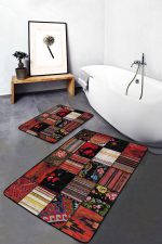 - PaspasTakimi-2li-Set898-Gorsel-2 - Realhomes 2'li Set Siyah - Kırmızı Zeminde Patchwork Motifli Etnik Desenli Vintage Etnik Motifler 2'li Banyo & Mutfak Paspas Takımı Realhomes
