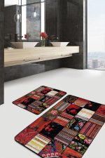 - PaspasTakimi-2li-Set898-Gorsel-4 - Realhomes 2'li Set Siyah - Kırmızı Zeminde Patchwork Motifli Etnik Desenli Vintage Etnik Motifler 2'li Banyo & Mutfak Paspas Takımı Realhomes