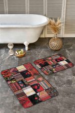 - Realhomes - Realhomes 2'li Set Siyah - Kırmızı Zeminde Patchwork Motifli Etnik Desenli Vintage Etnik Motifler 2'li Banyo & Mutfak Paspas Takımı Realhomes