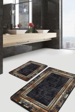 - PaspasTakimi-2li-Set899-Gorsel-1 - Realhomes  2'li Set Siyah - Gold Zeminde Çerçeveli Motifli Eskitme Desenli Eskitme Motifli Vintage  2'li Banyo & Mutfak Paspas Takımı Realhomes