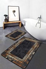 - PaspasTakimi-2li-Set899-Gorsel - Realhomes  2'li Set Siyah - Gold Zeminde Çerçeveli Motifli Eskitme Desenli Eskitme Motifli Vintage  2'li Banyo & Mutfak Paspas Takımı Realhomes