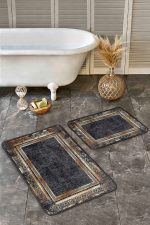 - Realhomes - Realhomes  2'li Set Siyah - Gold Zeminde Çerçeveli Motifli Eskitme Desenli Eskitme Motifli Vintage  2'li Banyo & Mutfak Paspas Takımı Realhomes