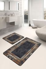 - PaspasTakimi-2li-Set899-Gorsel-4 - Realhomes  2'li Set Siyah - Gold Zeminde Çerçeveli Motifli Eskitme Desenli Eskitme Motifli Vintage  2'li Banyo & Mutfak Paspas Takımı Realhomes