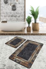 - PaspasTakimi-2li-Set899-Gorsel-5 - Realhomes  2'li Set Siyah - Gold Zeminde Çerçeveli Motifli Eskitme Desenli Eskitme Motifli Vintage  2'li Banyo & Mutfak Paspas Takımı Realhomes