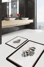 - PaspasTakimi-2li-Set900-Gorsel-2 - Realhomes  2'li Set Siyah - Beyaz Zeminde Çerçeveli Motifli Kabak Desenli Klasik Vintage  2'li Banyo & Mutfak Paspas Takımı Realhomes